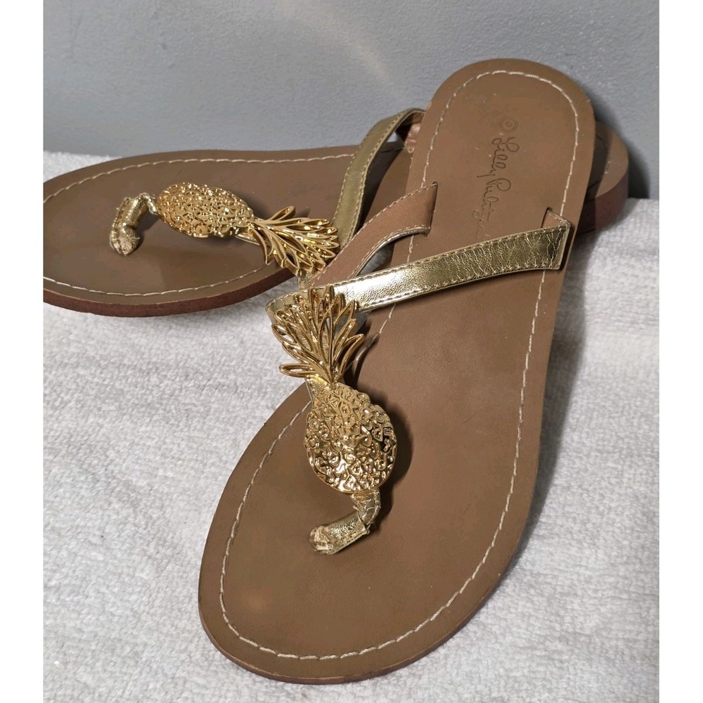 Lilly Pulitzer Target Gold Pineapple Sandals Thong Flip Flops Size 7